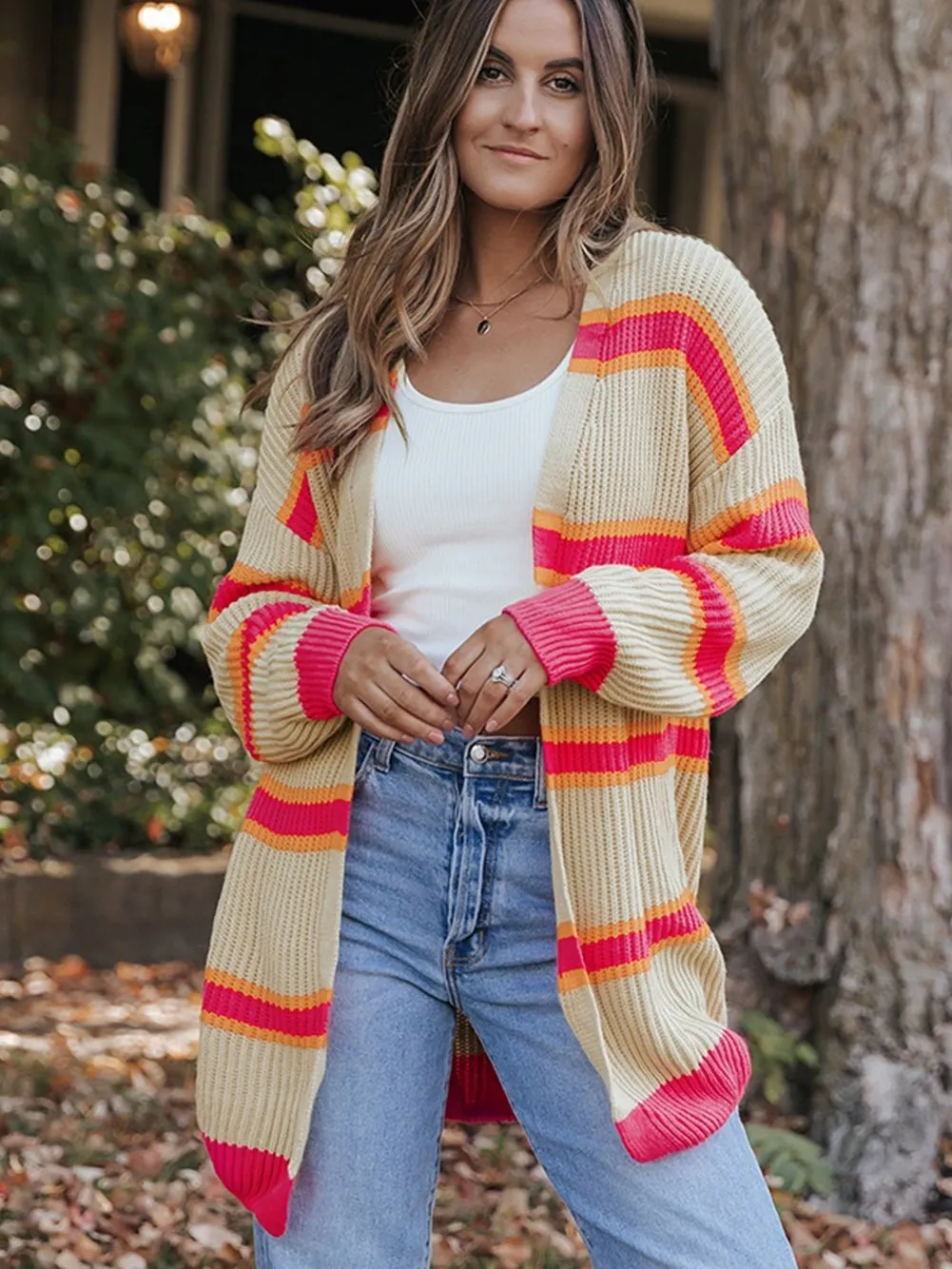 Ribbed Knit Long Cardigan with Striped Print