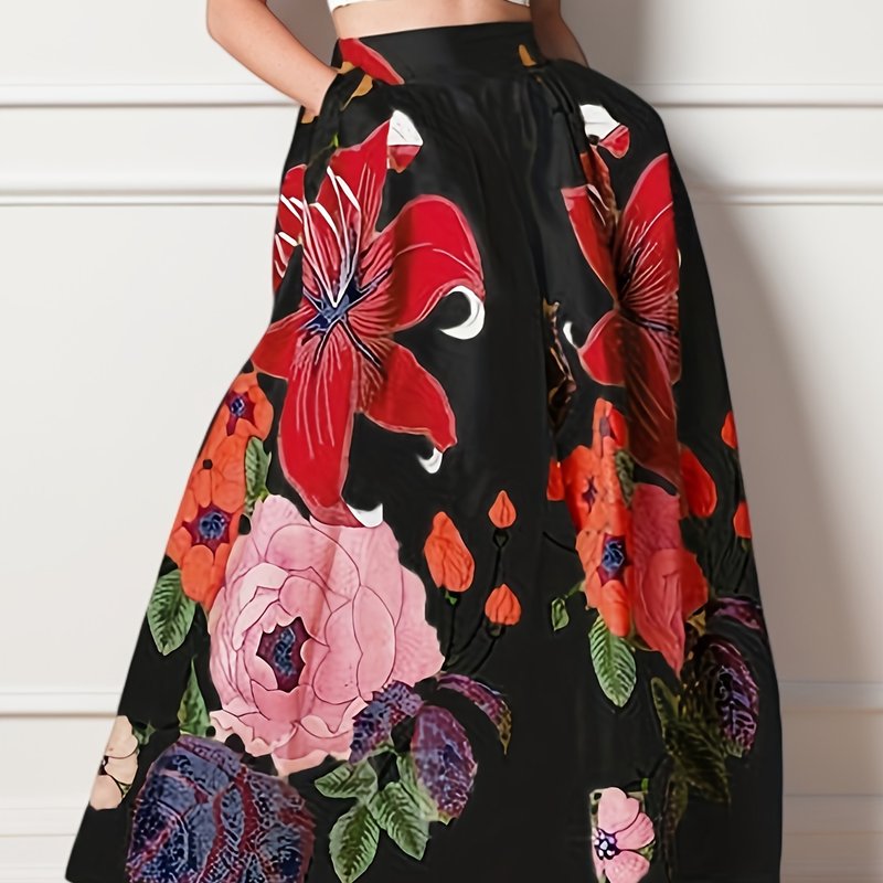 Boho Chic High Waist Floral Maxi Skirt - Flowy & Feminine with Scallop Detail, Perfect for Beach or Spring\u002FFall Season