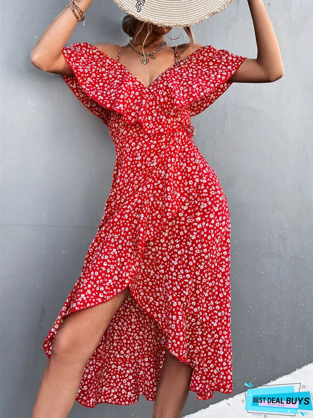 One Shoulder Floral Halter Dress Irregular Dress