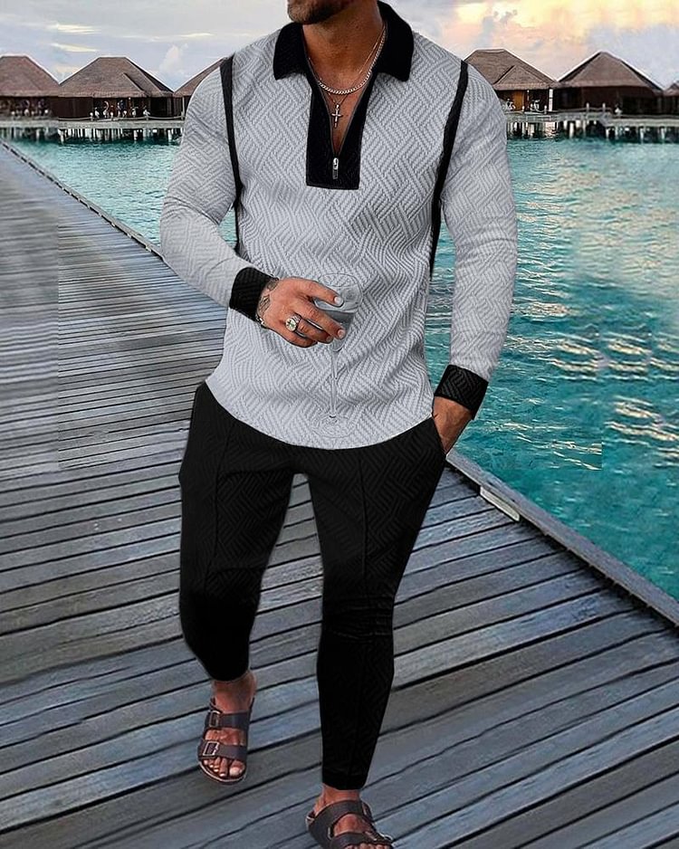 Men's Casual Long Sleeve Polo Suit-081202