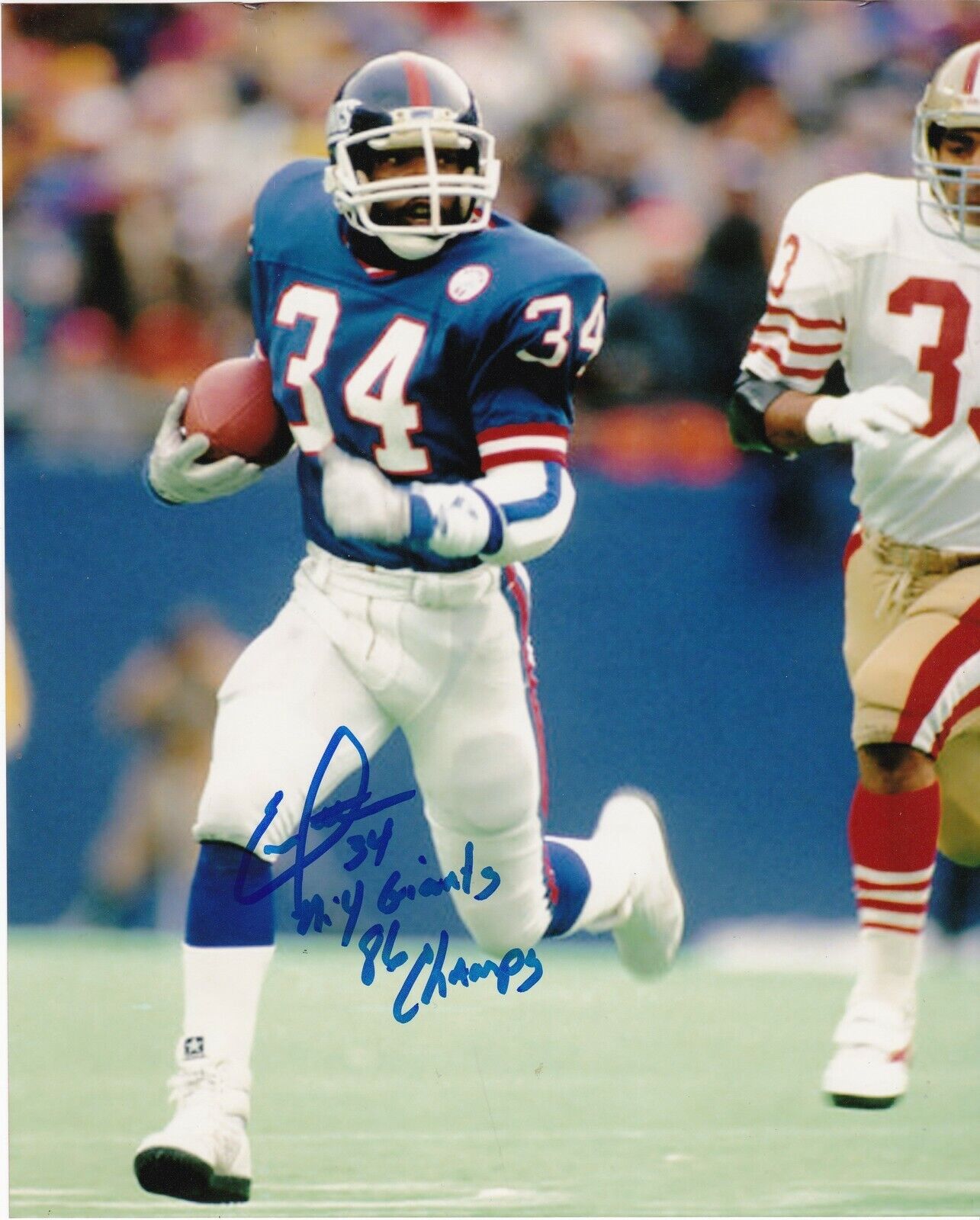 ELVIS PATTERSON NEW YORK GIANTS 86 SB CHAMPS ACTION SIGNED 8x10