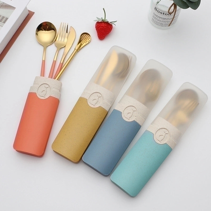 Retro Pastoral Color Block Stainless Steel Spoon Fruit Knife Fruit Fork 1 Set