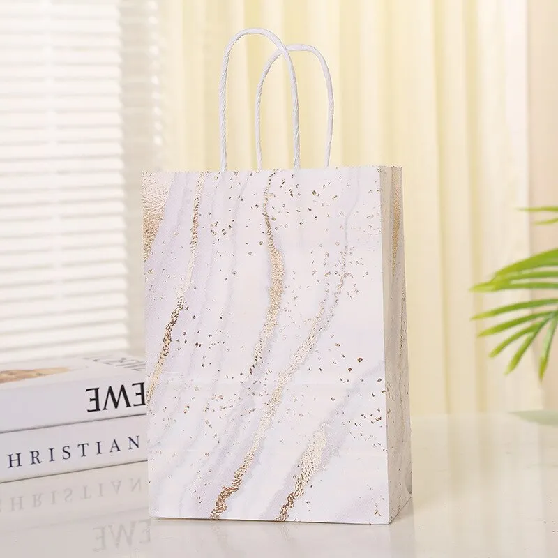 5pcs Marble Design Kraft Paper Gift Bag with Handle Birthday Party Packaging Bag Wedding Favors Eid Ramadan Festival Supplies