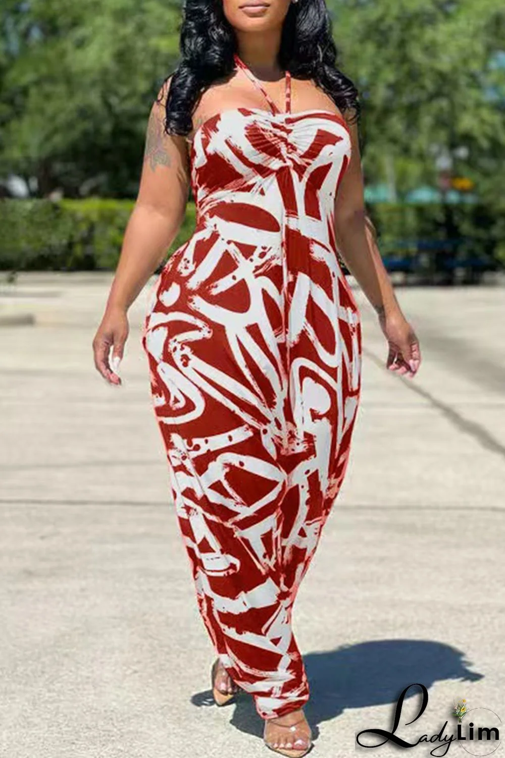 Red Fashion Sexy Casual Print Backless Strapless Regular Jumpsuits