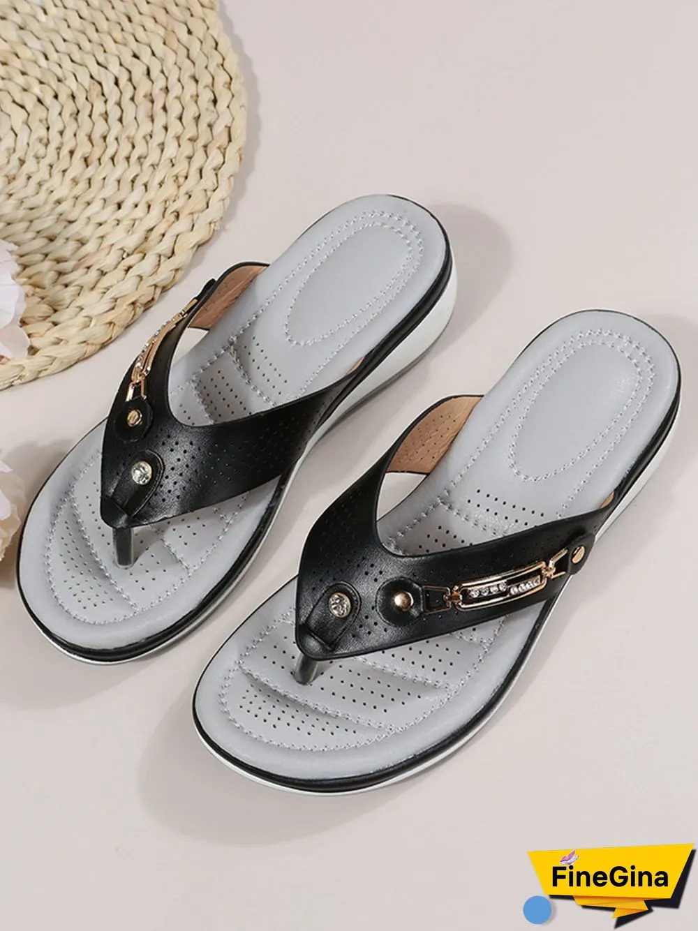 Metal Rhinestone Slope Heel Flip-Flops