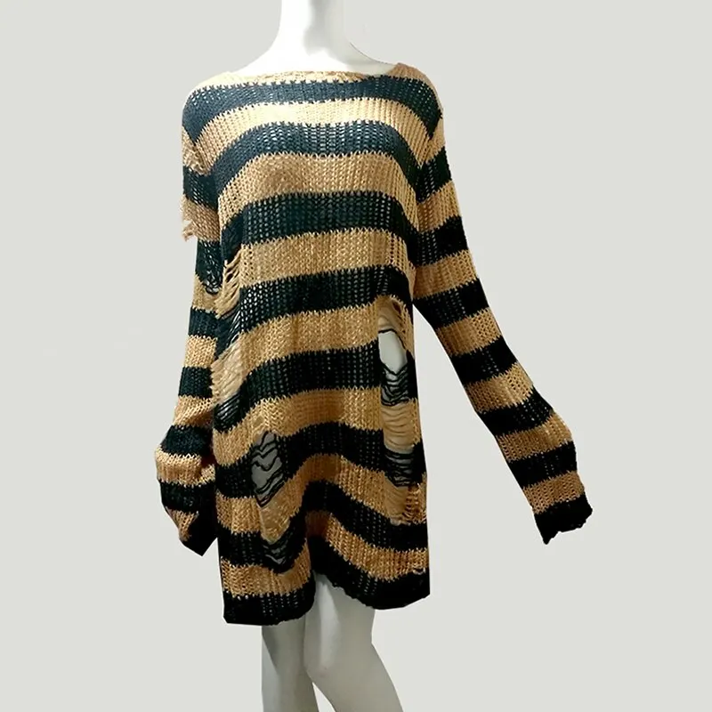 Plus Size Punk Gothic Long Unisex Sweater Dress Women Man Striped Cool Hollow Out Hole Broken Jumper Loose Rock Thin Sweter 2021
