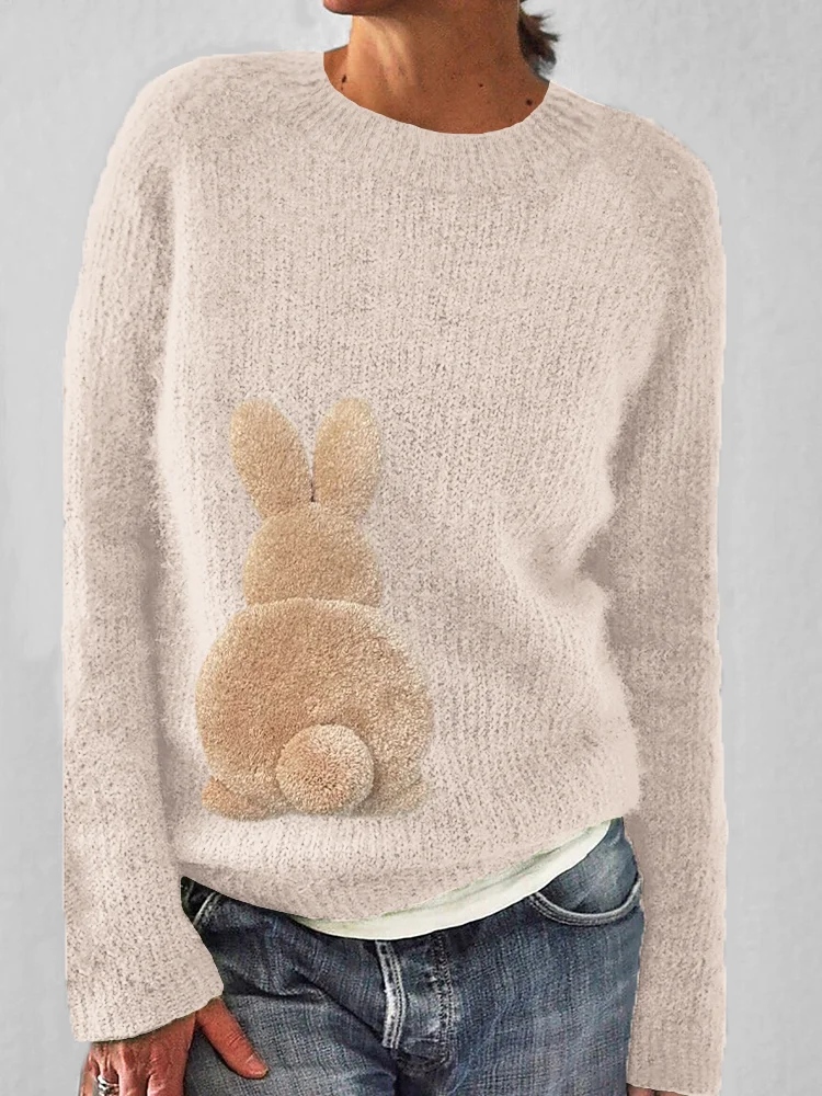 VChics Fluffy Bunny Pattern Cozy Knit Sweater