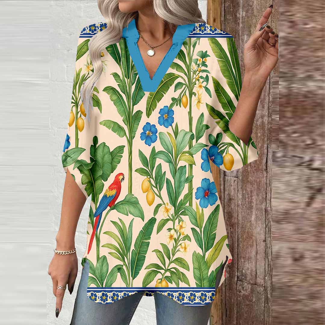 Women Tropical, Green DZGA0087 3/4 Sleeve V-neck Printed Graphic Button Tops