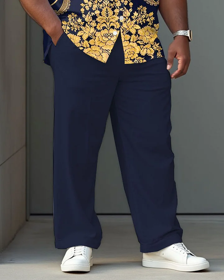 Vintage Dark Royal Blue Court Pattern Shirt Trousers Suit Men's Plus Size