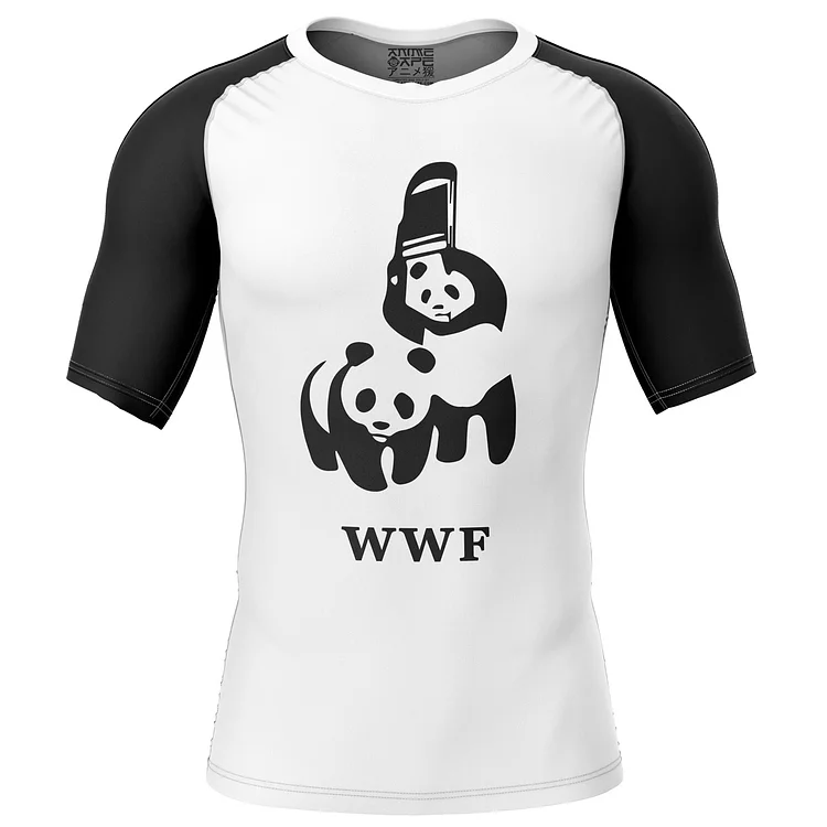 WWF Wrestling Pandas Short Sleeve Rash Guard Compression Shirt