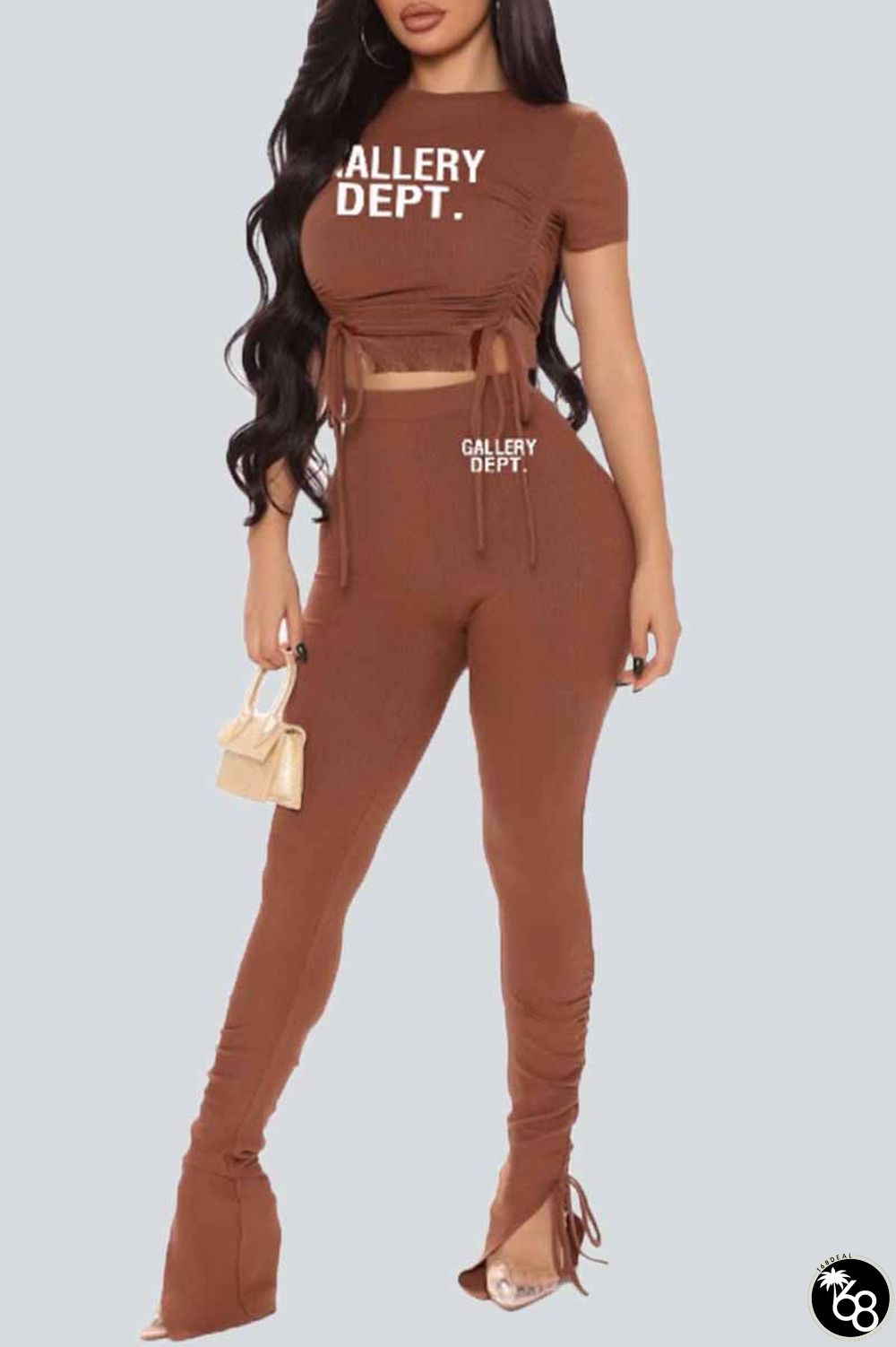 Coffee Sexy Street Print Letter O Neck Short Sleeve Two Pieces | 168DEAL