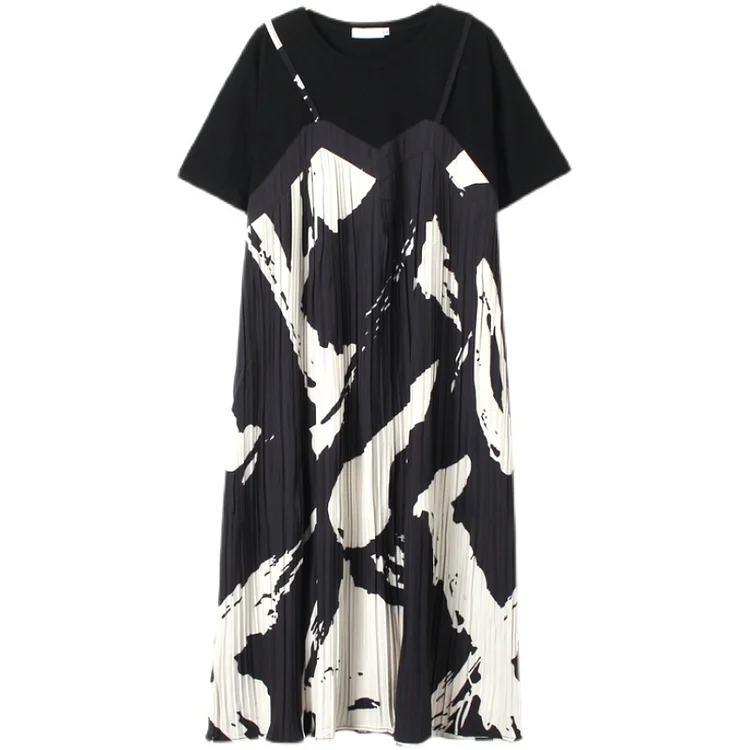 Temperament O-Neck Printed Pleated Straps Fake Two Pieces Short Sleeve Dress     