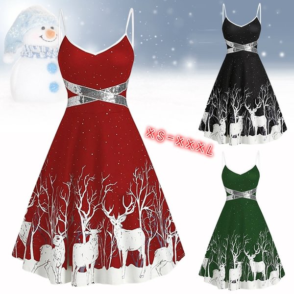 Women Fashion Christmas Print Sequin Patchwork Sleeveless Dress Santa Xmas Deer Skater Party Dresses Plus Size - Chicaggo