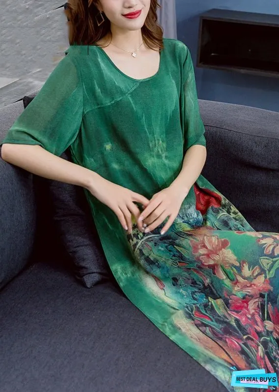 Women Green O Neck Print Patchwork Chiffon Dress Summer