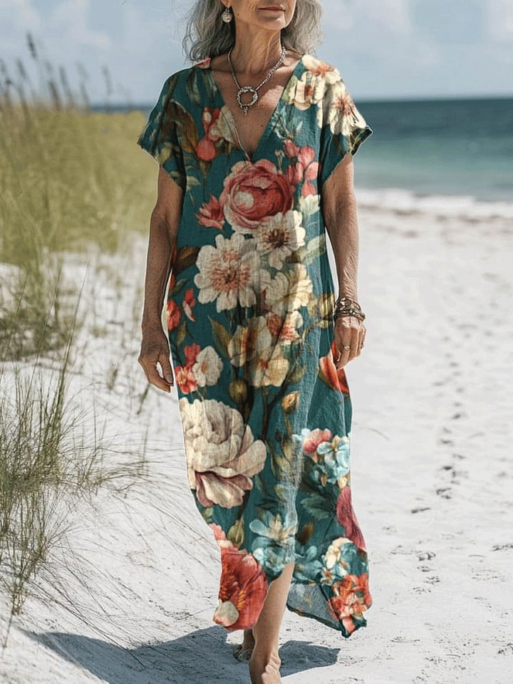 Women's Vintage Lovely Floral Art Print Pocket Cotton Dress