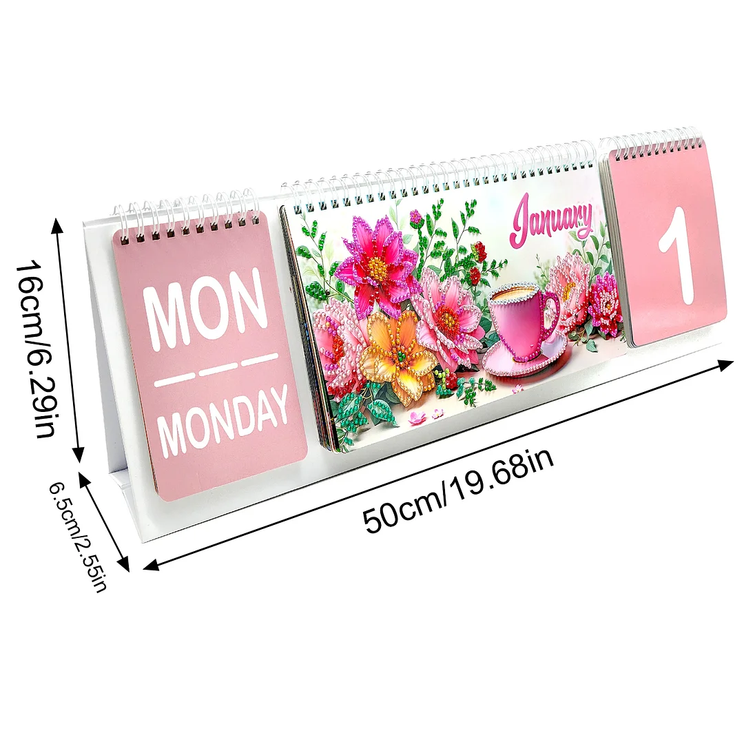 2026 Pink Flower DIY Diamond Art Painting Desk Calendar Special Shaped Drill Monthly Flip Tabletop Calendar Kit for Adults Beginners Gift Home Office Decor