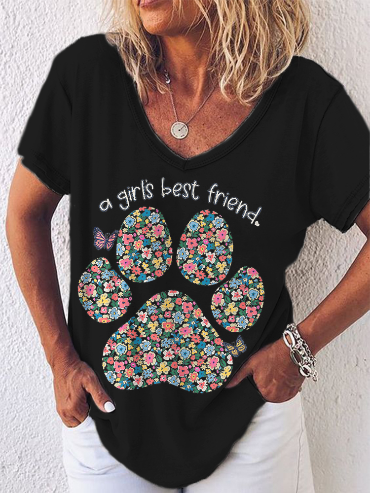 Girl's Best Friend Dog Paw V Neck Comfy T Shirt wearshes