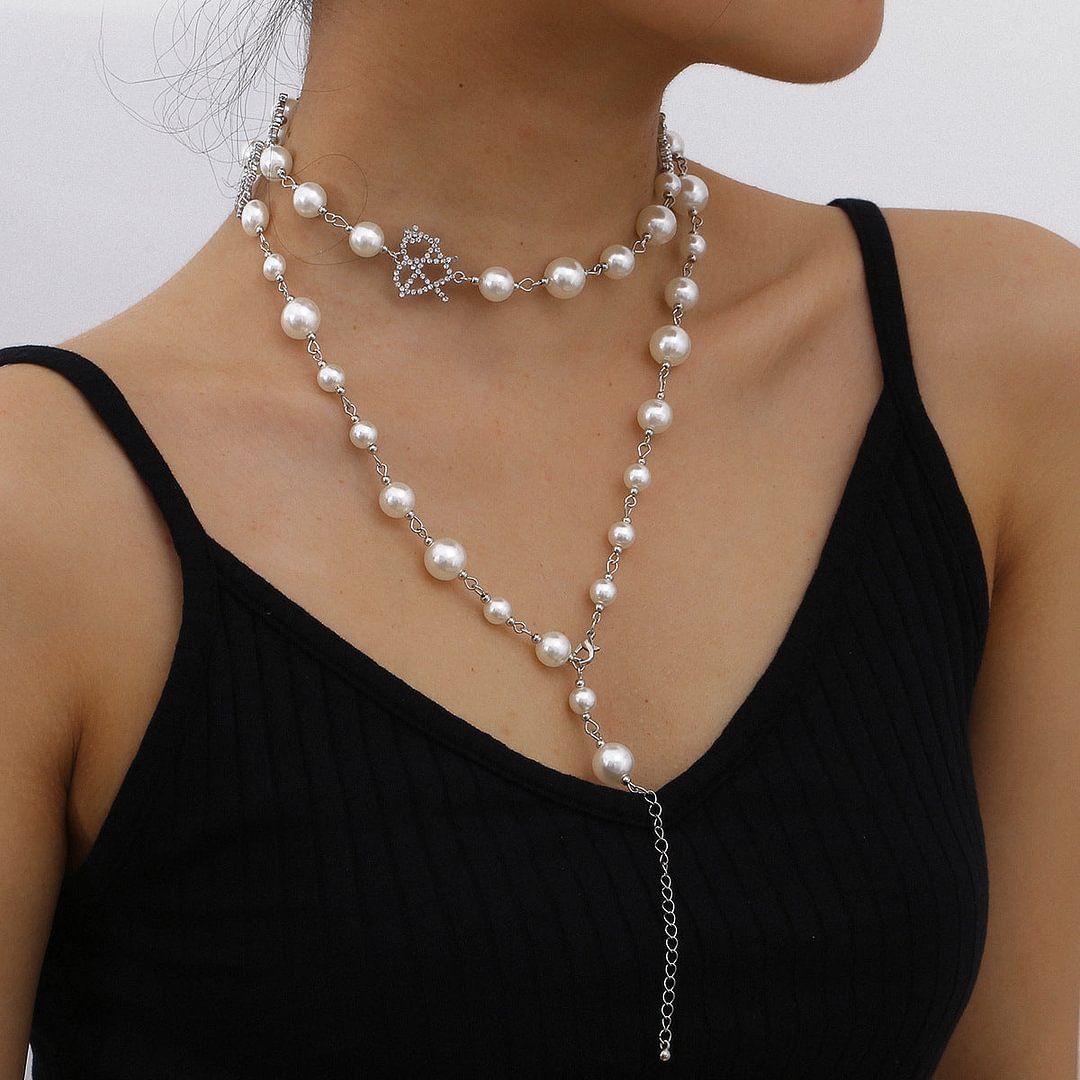 Multi-layered Pearl Openwork Rhinestone Heart Shape Necklace
