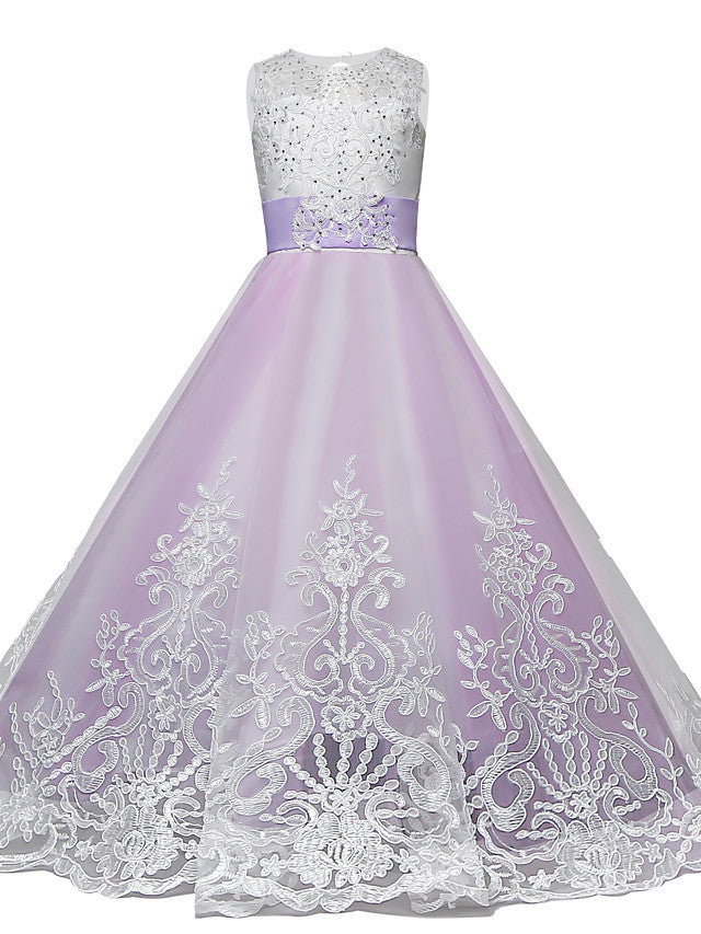 Oknass Princess Maxi Flower Girl Dress Lace  Tulle Sleeveless Jewel Neck With Lace Bow Paillette