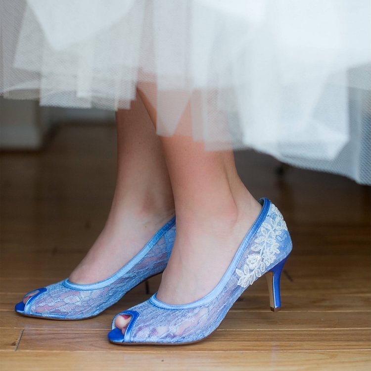 Blue Bridal Shoes Lace Heels Peep Toe Kitten Heel Pumps for Wedding |FSJ Shoes