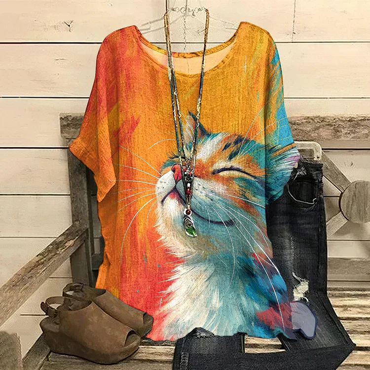 Simpfit Damen Retro Ölgemälde Pop Katze Rundkragen T-Shirt