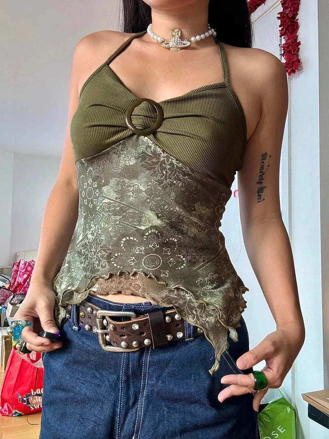 Brownm Grunge Floral Halter Neck Top