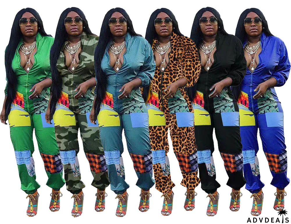 Fashion Casual Cute Positioning Print Zipper Jumpsuit