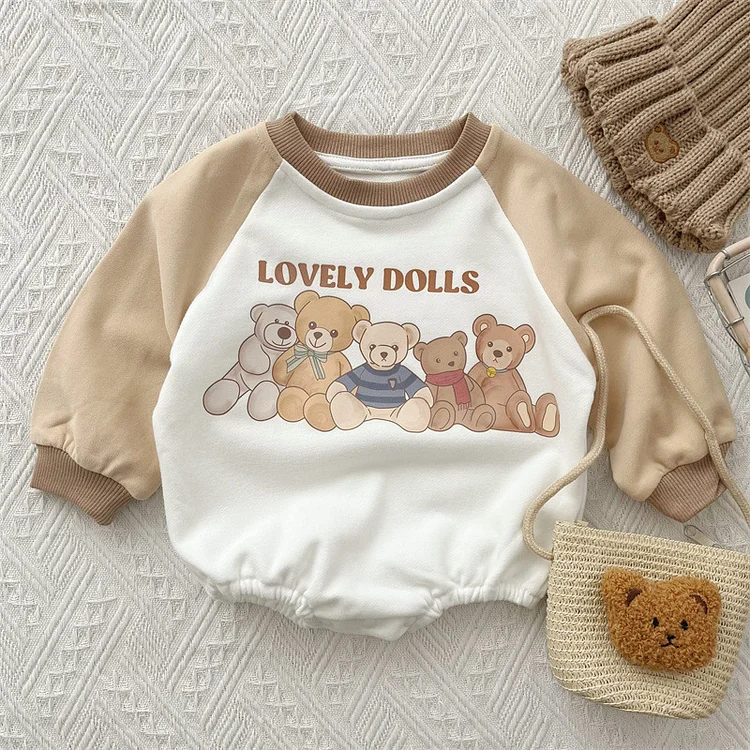 Baby Boy/Girl Bear Dolls Print Block Color Long Sleeve Bodysuit