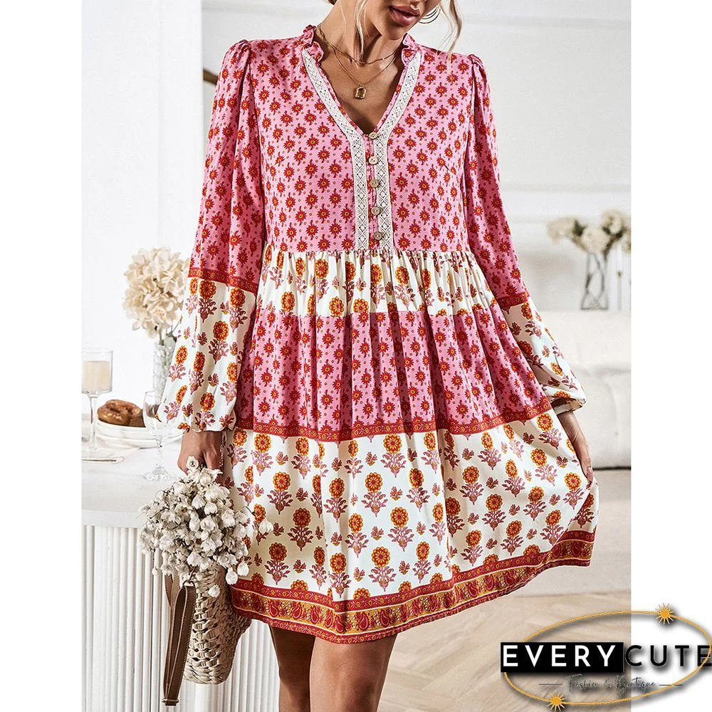Pink Bohemia Print Button Detail V Neck Long Sleeve Dress