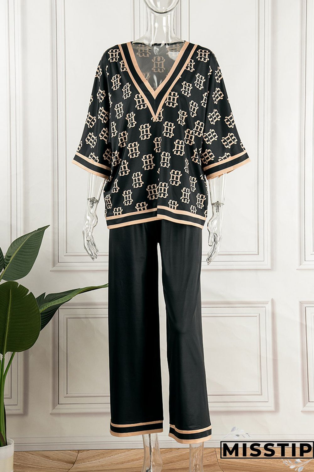 Apricot Casual Print Patchwork V Neck Three Quarter Two Pieces