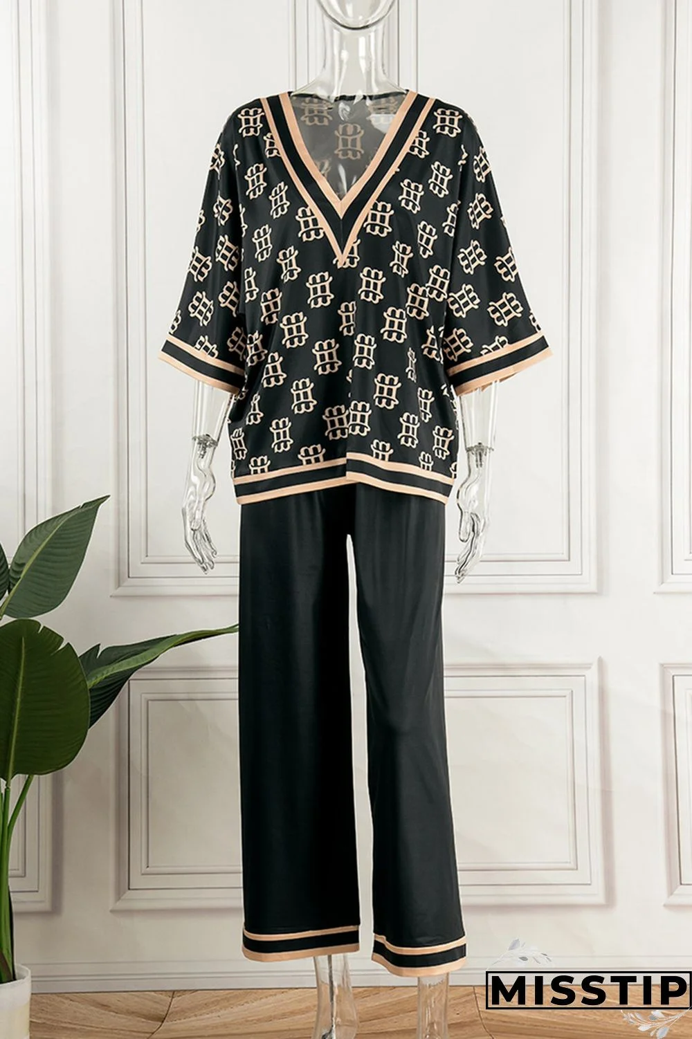 Apricot Casual Print Patchwork V Neck Three Quarter Two Pieces