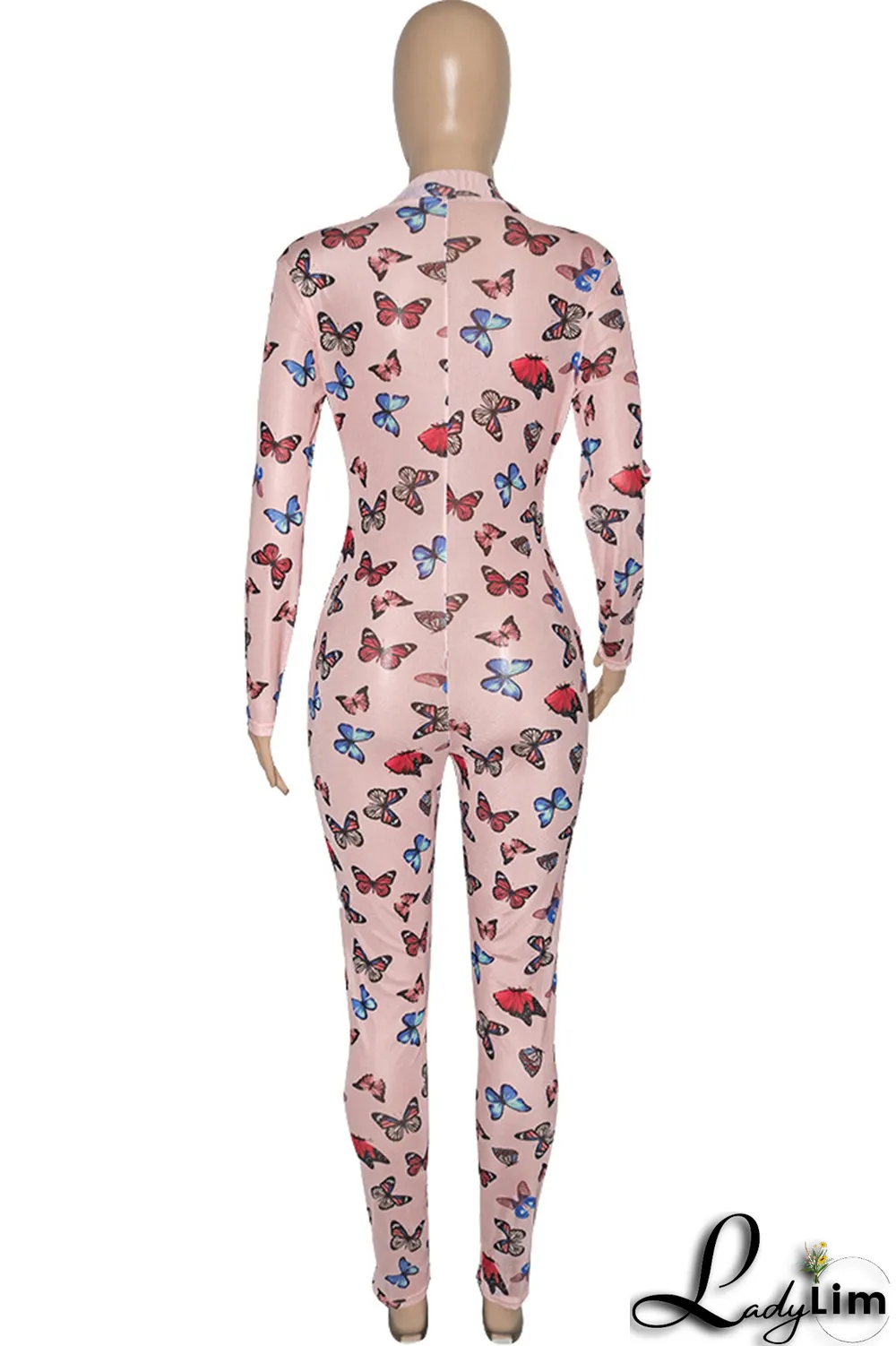 Rose Red Sexy Butterfly Print Patchwork Zipper Collar Skinny Jumpsuits