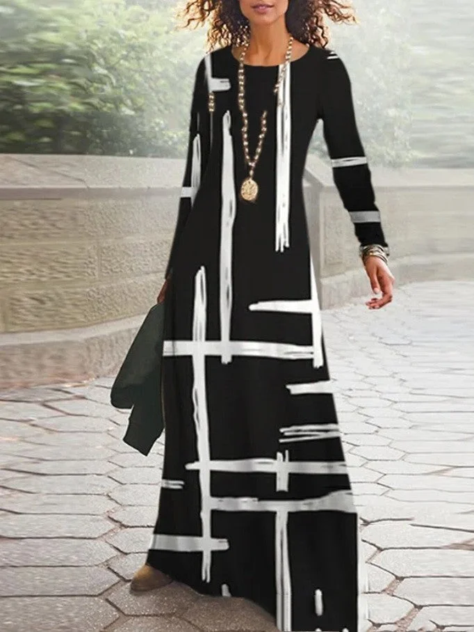 Round Neck Cotton Dress for Women with Printed Design and Wide Hem Long Sleeves