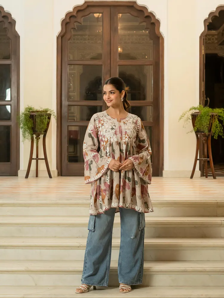 Women&rsquo;s Rayon Cotton Printed Chikankari Short Kurti