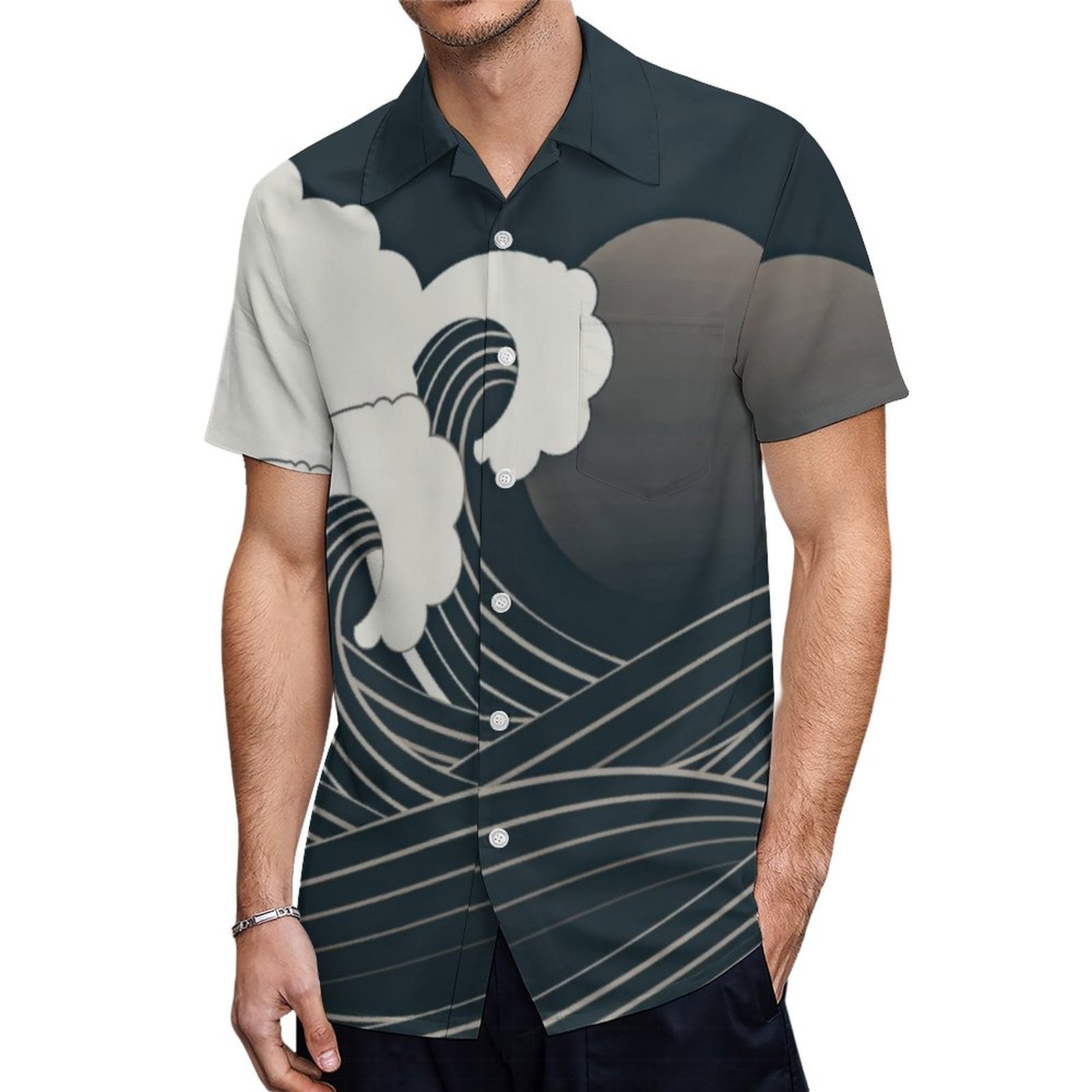 Elegant Japanese Waves Black And White Artwork Hawaiian Shirt Mens Button Down Tropical Hawaii Beach Shirts