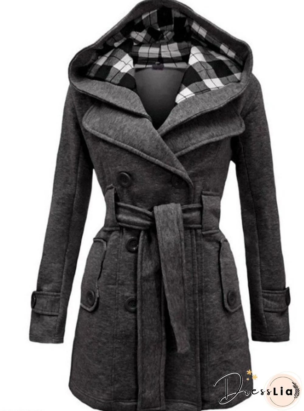 Checked Hooded Woolen Coat With Long Belt