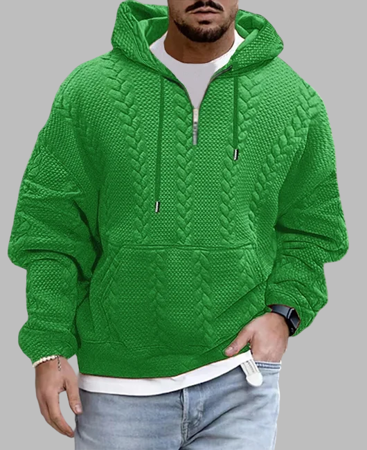 Casual Textured Pattern Pocket Half Placket Drawstring Hoodie