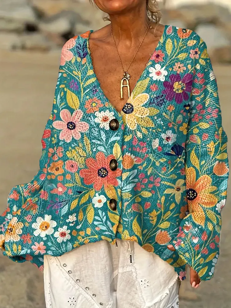 Women's Vintage Floral Pattern Art Print Casual Pullover Sweater