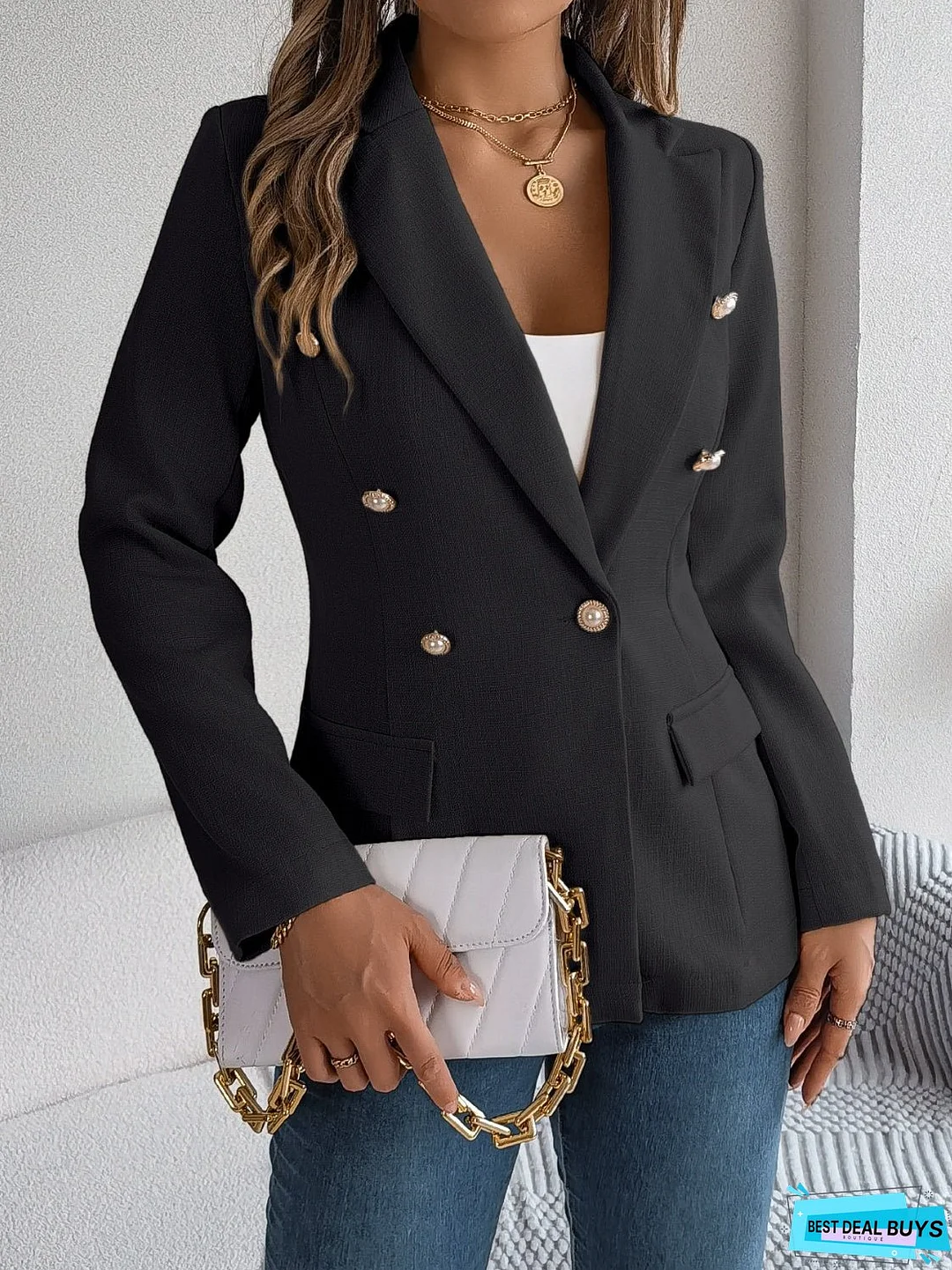 Decorative Pocket Flap Lapel Collar Long Sleeve Blazer
