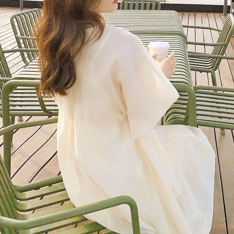 Midi Dresses Women Solid Chiffon Tender Ladies Temperament Ins French Style O-neck Puff Sleeve Dating Fashion Mujer Pockets New