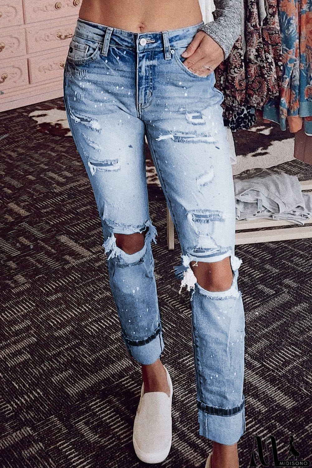 MidiSono - Light Blue Ripped Straight Leg Jeans