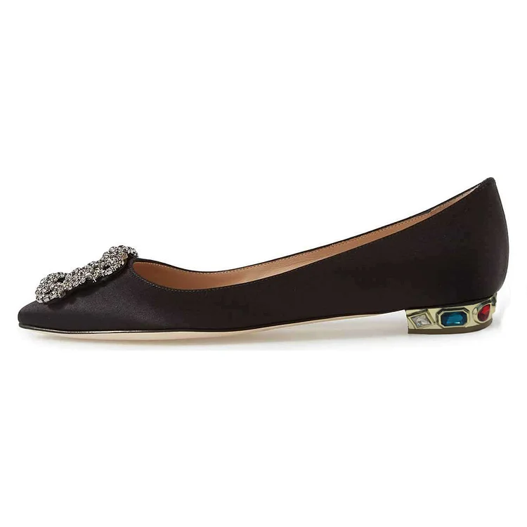 Black Satin Rhinestone Comfortable Flats |FSJ Shoes