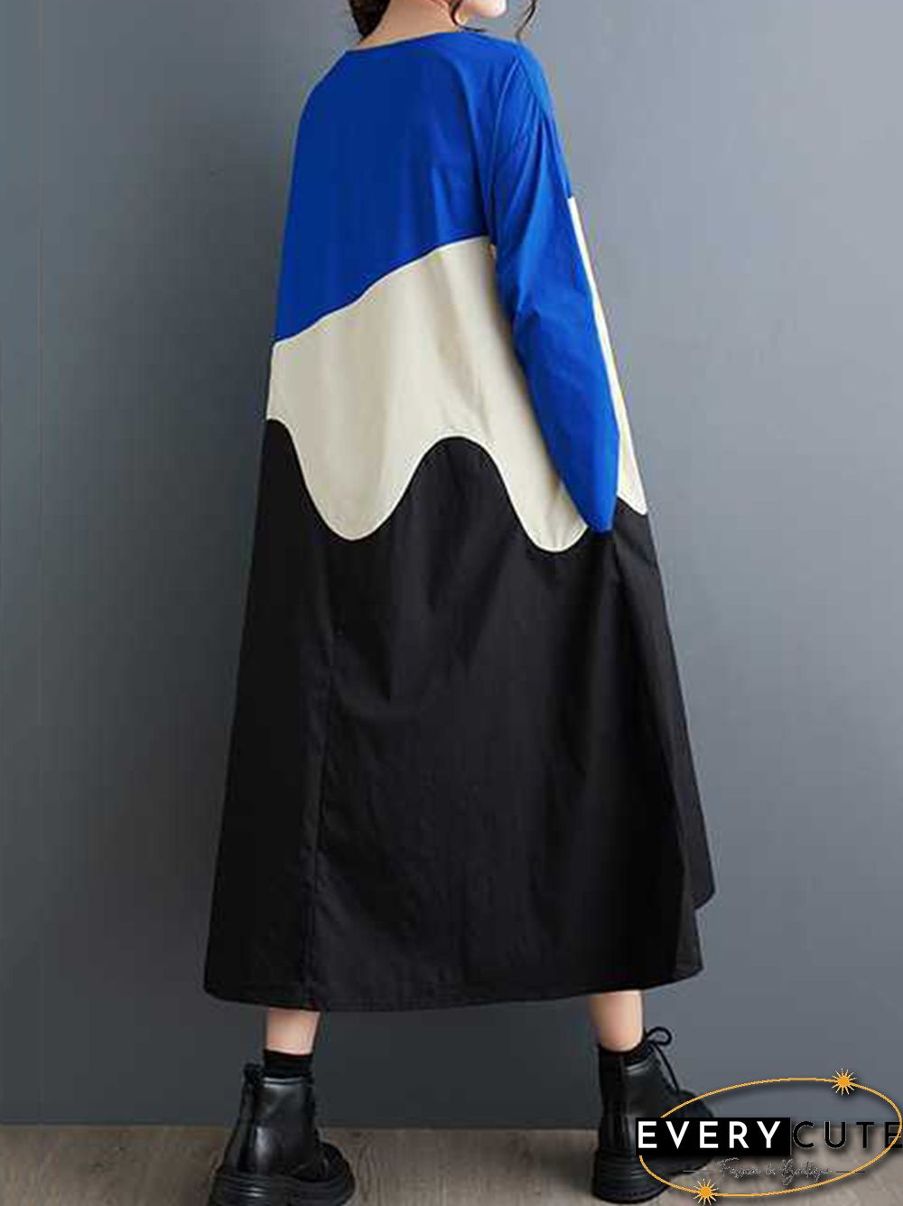 A-Line Long Sleeves Contrast Color Round-Neck Midi Dresses