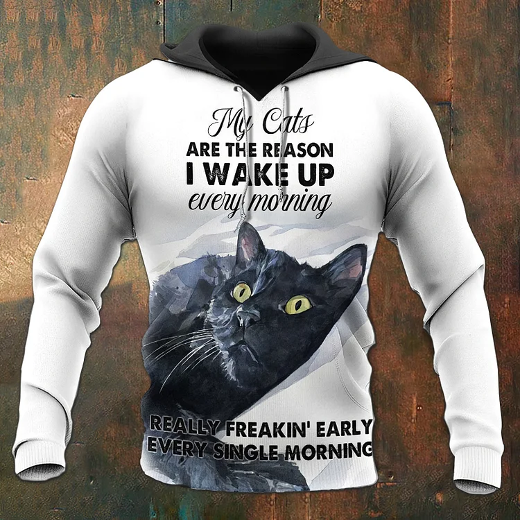 Comstylish Unisex Cat Makes Me Wake Up I Love My Cats Vintage Print Casual Hoodie