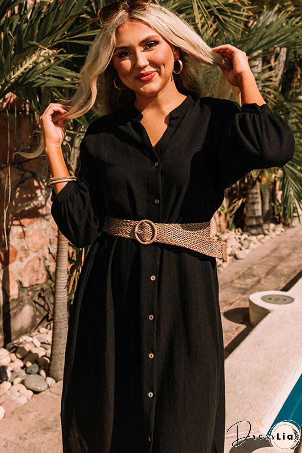 Black 3/4 Sleeve Button Up Long Kimono