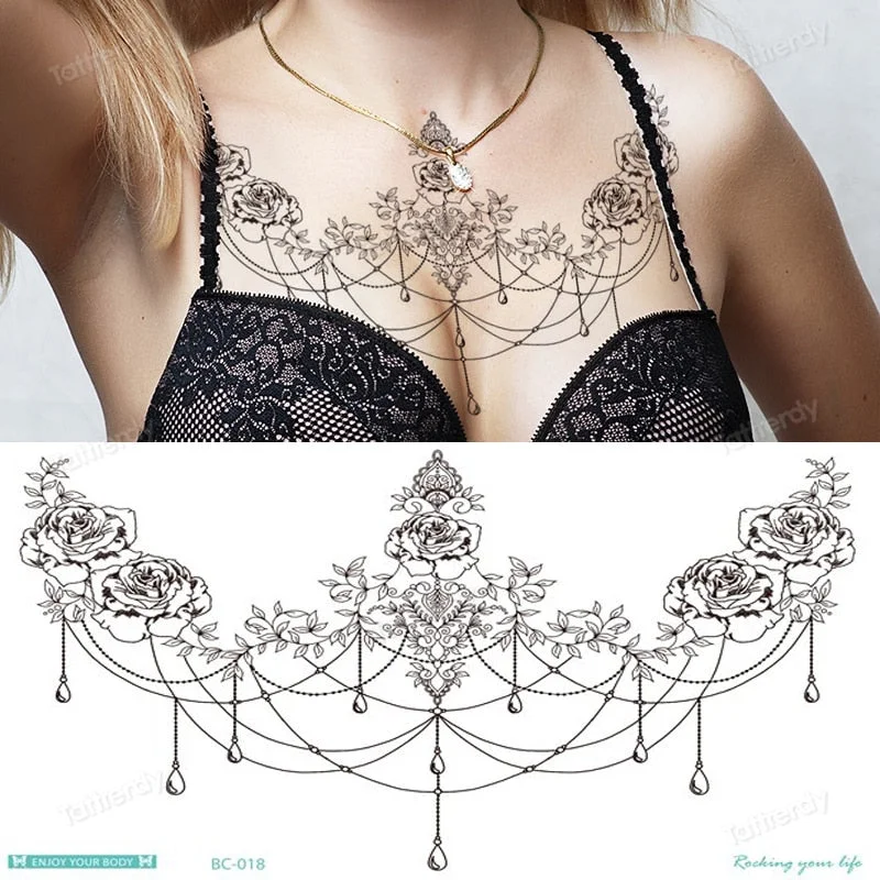 sexy tattoo sticker women lace Amazing Temporary Tattoos jewel black fake henna tattoo breast underboob body art flowers rose