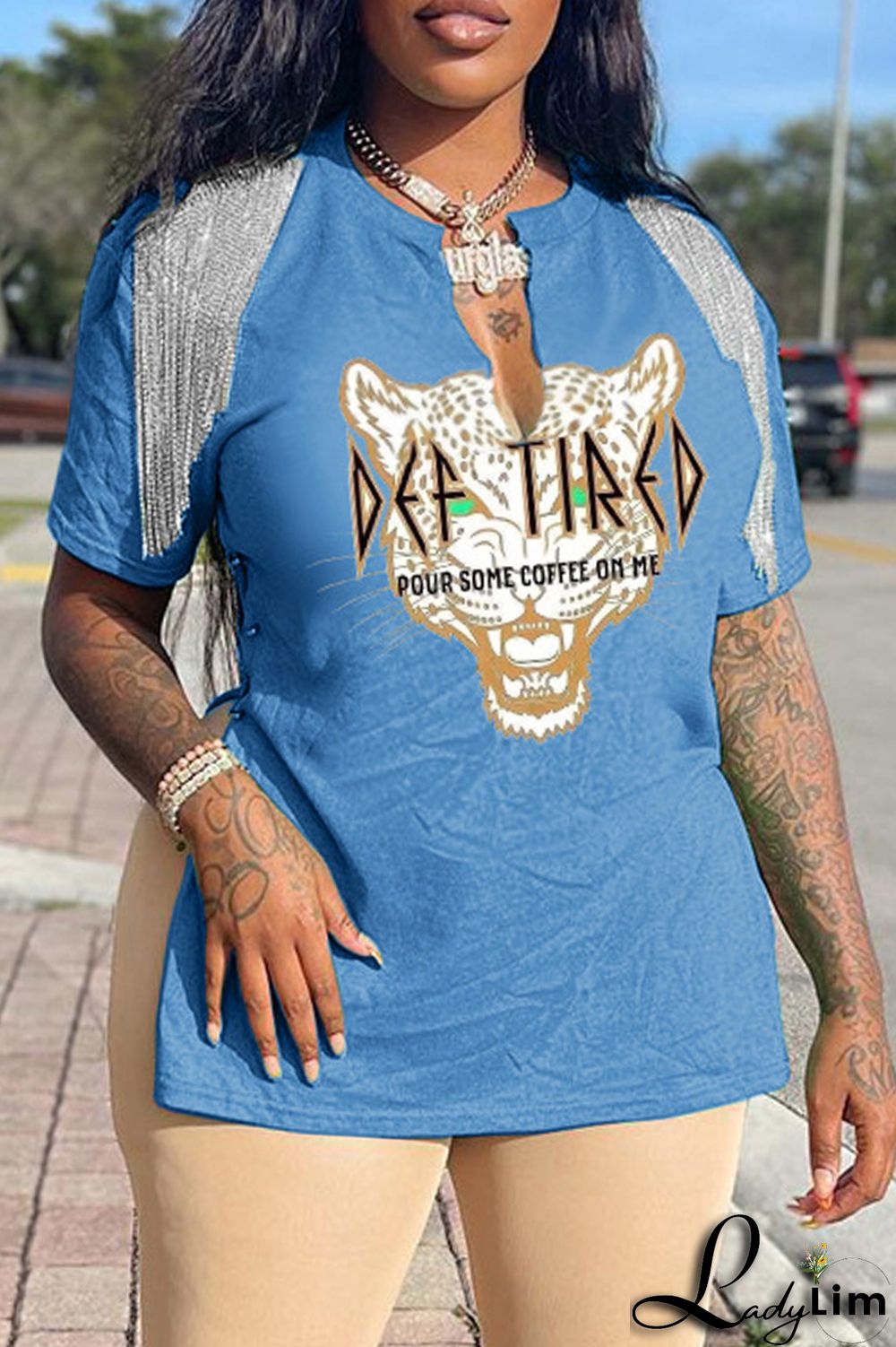 Coffee Fashion Casual Print Tassel Patchwork V Neck T-Shirts