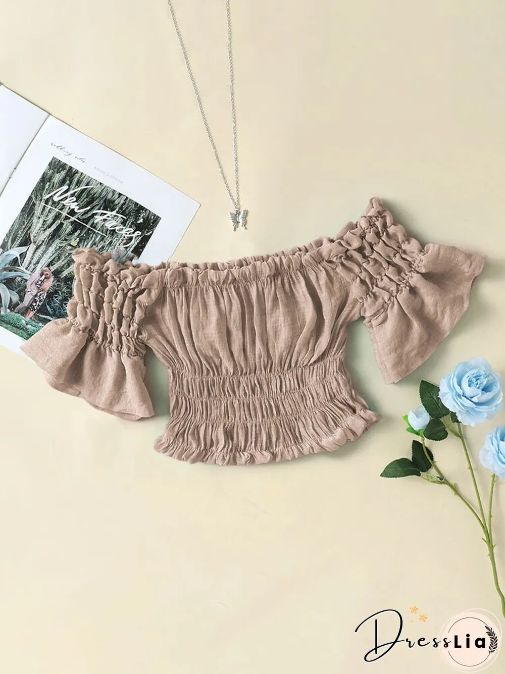 Solid Elastic Waist Bell Sleeve Off Shoulder Crop Top
