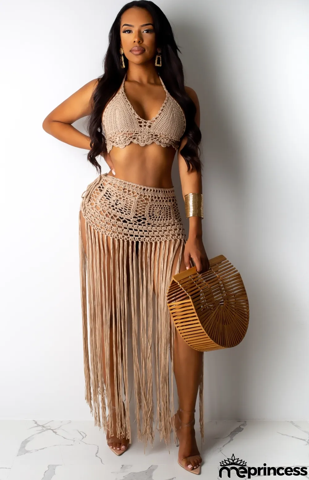 Summer Khaki Crochet Halter Crop Top and Fringe Skirt 2pc Cover-Up