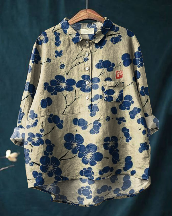 Elegant Plum Blossom Japanese Art Casual Cotton and Linen Shirt
